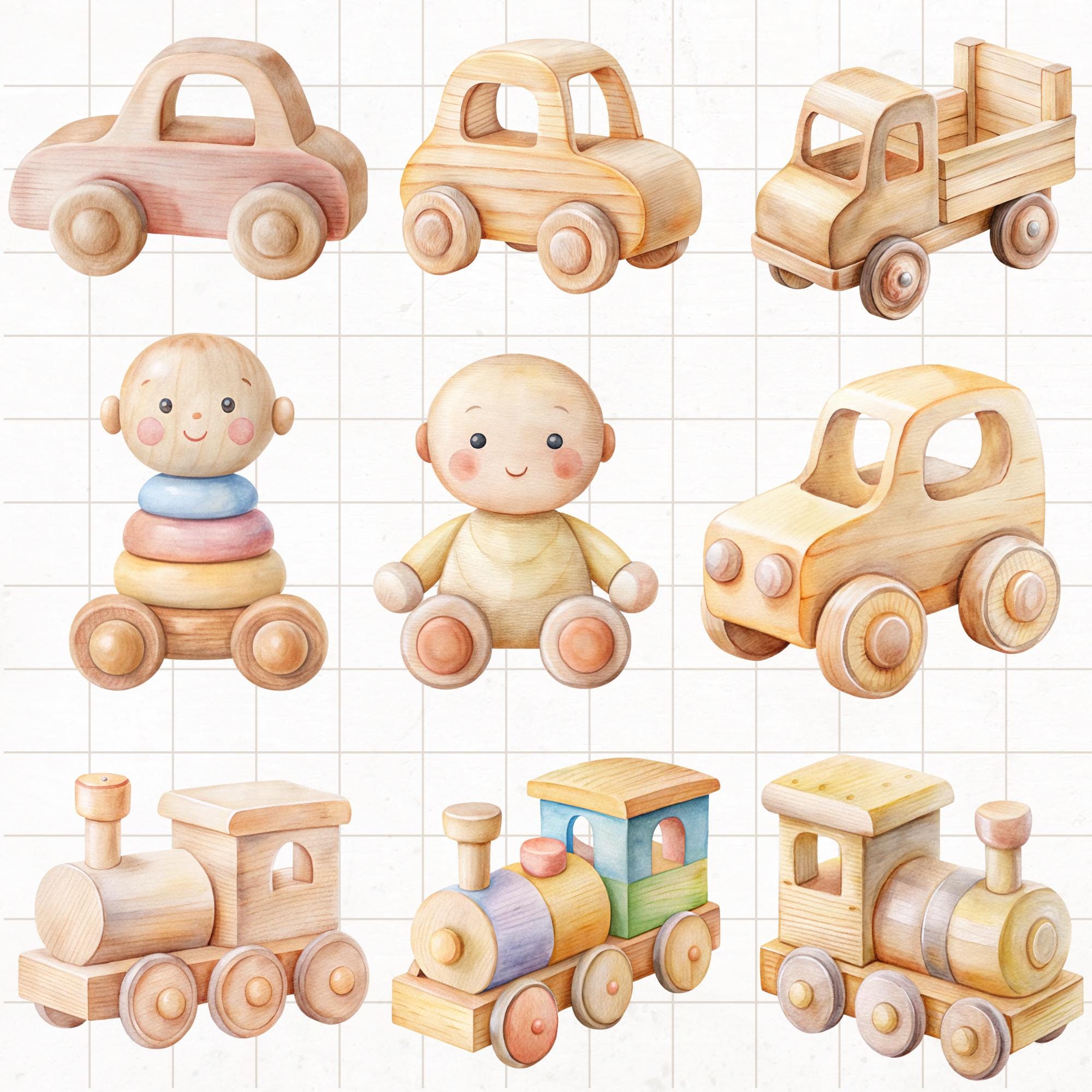 Watercolor Wooden Baby Toys Clipart Bundle: 34 PNG Illustrations ...