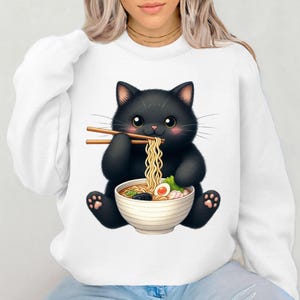 Cute Cat Ramen Clipart, Korean Noodle Shirt Design, Ramen Kitten Graphic Cute Black Cat png, Noodle cat png, Cat Eating Ramen, Cat Lover png