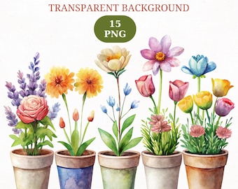 Watercolor Flowerpots Clipart Bundle: Spring Floral PNG (Digital Download)