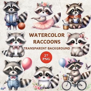 Watercolor Raccoon Clipart Bundle: 27 PNG Illustrations (Digital Download)