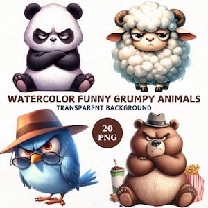 Watercolor Funny Grumpy Animals Clipart, 20 Transparent png, Cartoon Pet Prints Bundle, Instant Download, Watercolor Animals, Nursery Decor