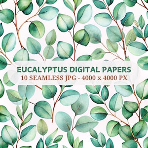 Watercolor Eucalyptus Digital Papers, 10 Seamless  JPG, Eucalyptus Sage Green, Greenery Wedding Scrapbook Paper Seamless Eucalyptus Patterns