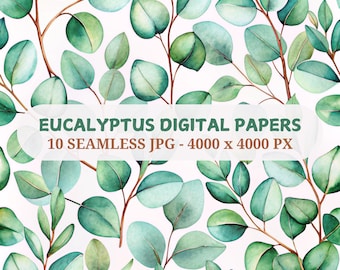 Aquarell Eukalyptus Digital Papier: 10 nahtlose grüne Muster (JPG)