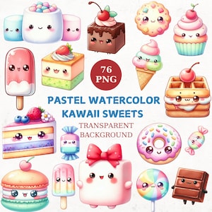 76 Watercolor Kawaii Sweets Clipart Bundle, Soft Colors Macarons Cupcakes Doughnuts Ice Cream Cakes Cute Candy png, Cute sweet Pastel Sweets