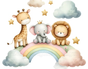 7 Watercolor Safari Animals on Rainbow, PNG & JPG Clipart for Nursery, Baby Shower