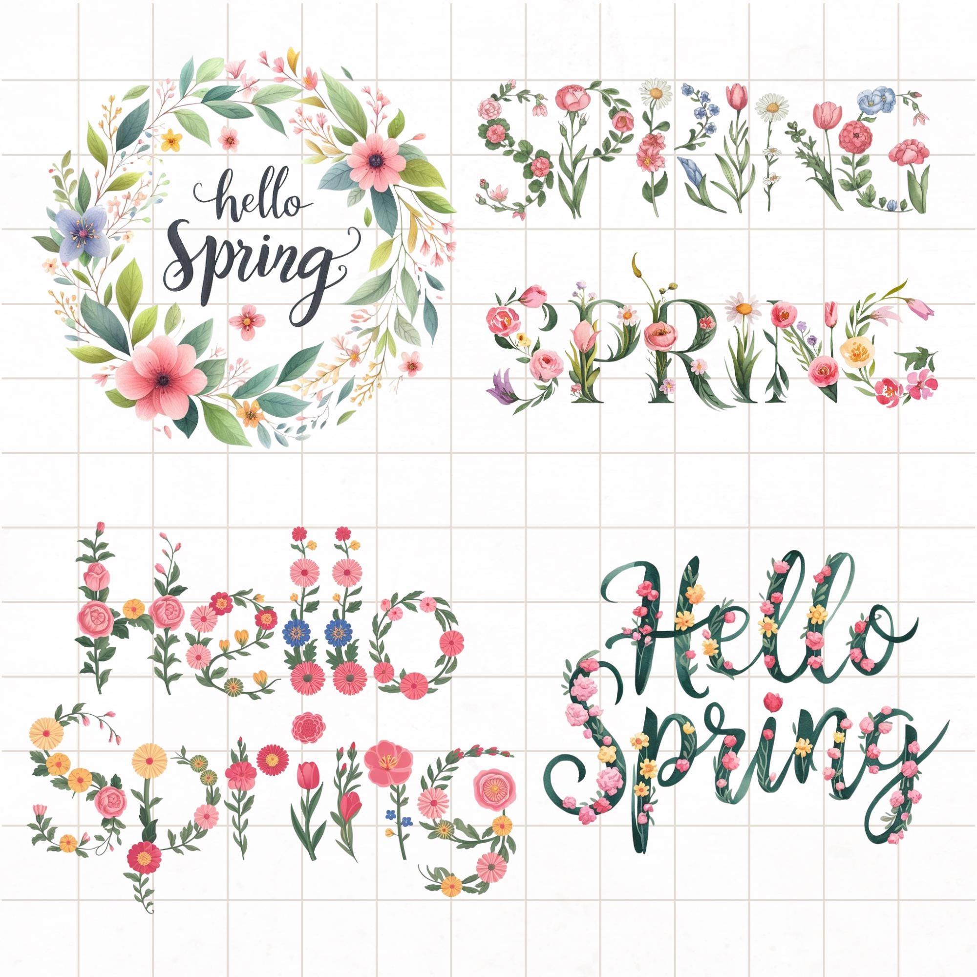 Floral Spring Clipart Bundle: Watercolor Spring Text PNG (digital ...