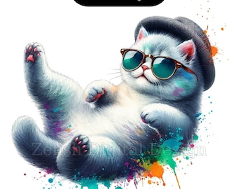 Aquarell coole Katze Clipart Bundle, 10 PNG & JPG, digitaler Download