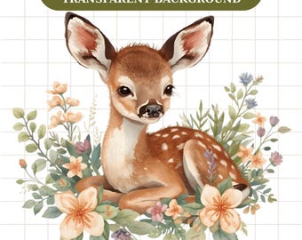 Clipart de veado floral em aquarela, arquivo PNG transparente, download digital