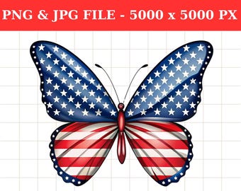 American Flag Butterfly Clipart, 4th of July Design (PNG, JPG)