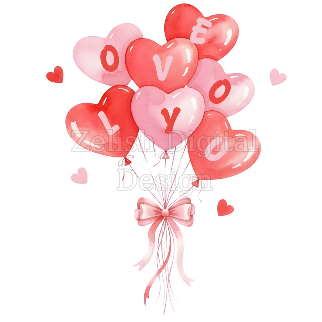 Watercolor Heart Balloons PNG, Valentine's Day Clipart (digital ...