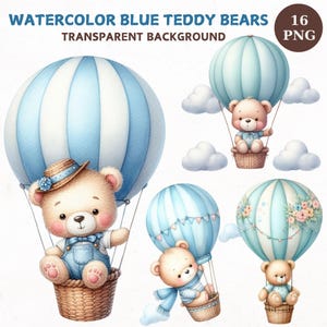 Blue Teddy Bear Cliparts, Watercolor Tedyy Bear Baby Shower png, Baby Boy Pink Hot Air Balloons, Bear with Balloons, Nursery Teddy Bear png