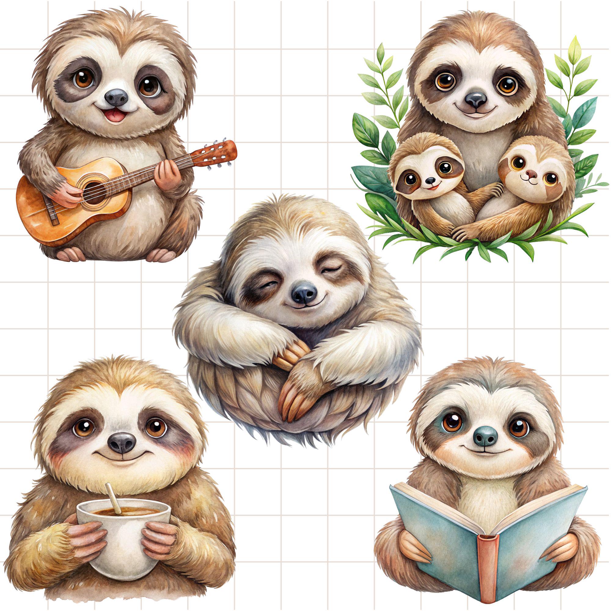 Watercolor Sloth Clipart Bundle, 10 Transparent PNG, Printable Animals ...