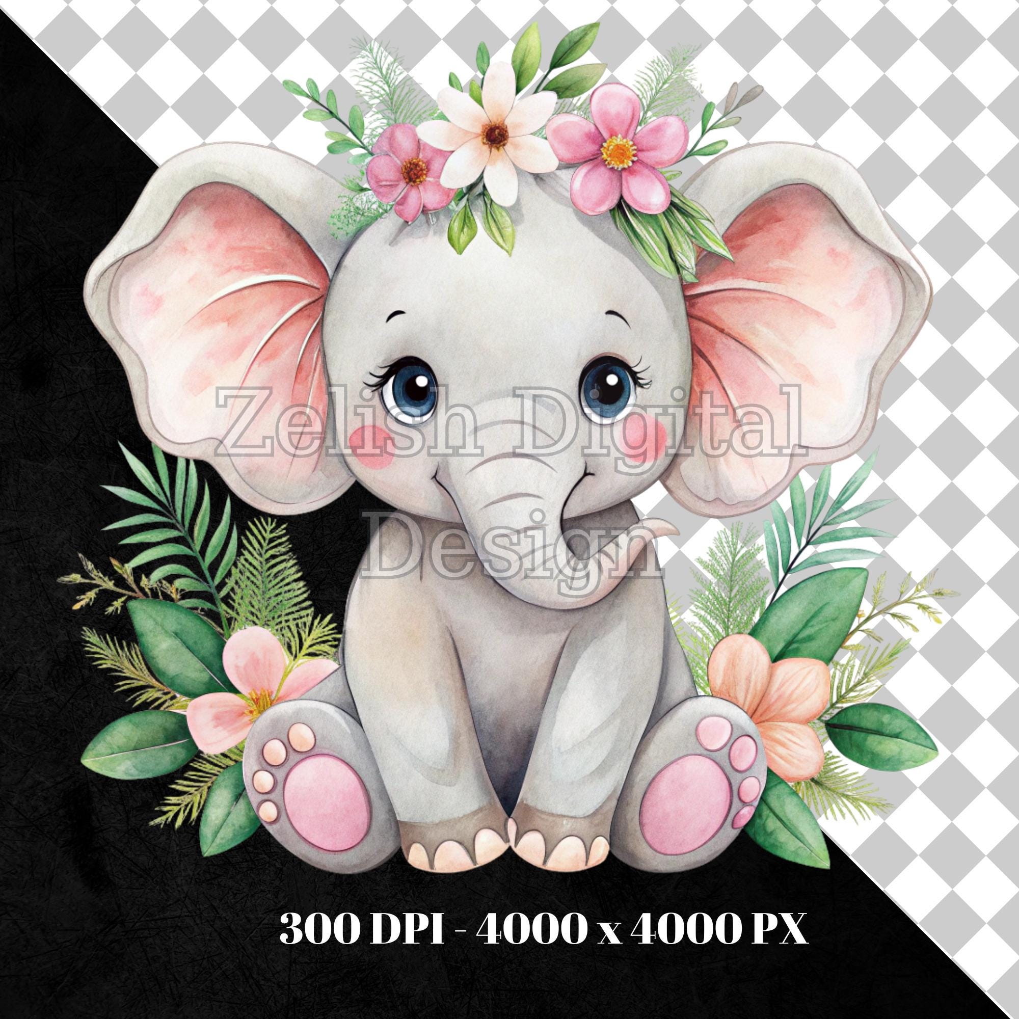 Watercolor Baby Elephant Clipart: Floral Nursery Decor (digital ...