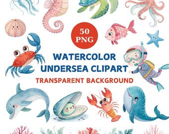 Akvarell havsdjur Clipart-paket: 50 PNG-barnrumsgrafik (digital nedladdning)
