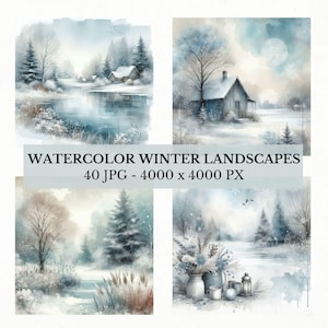 Winter Watercolor Landscape Clipart Bundle: 40 Serene JPG Scenes, Digital Download