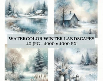 Winter Watercolor Landscape Clipart Bundle: 40 Serene JPG Scenes, Digital Download