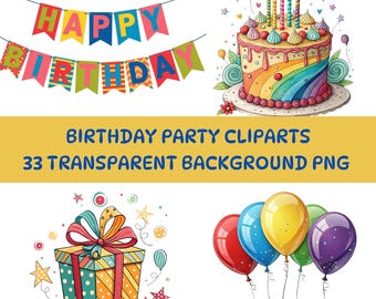 Bundle de cliparts fête d'anniversaire : 33 images PNG (téléchargement numérique)