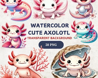 May include: A set of 20 watercolor illustrations of cute axolotls with transparent backgrounds. The axolotls are in various poses and colors, including pink, blue, and white. The illustrations are perfect for use in digital scrapbooking, card making, and other creative projects.
