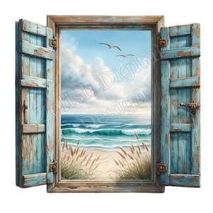 Watercolor Ocean View Cliparts: Blue Window Seaside Scenes (Digital Download)