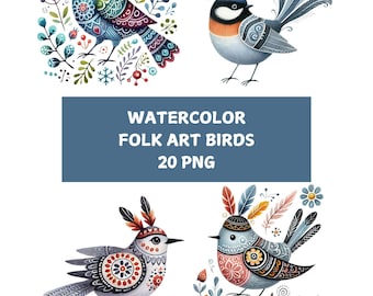 Watercolor Folk Art Bird Clipart: Floral PNG Bundle (20 Transparent Designs)