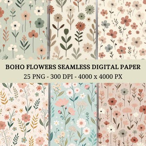 25 fiori boho senza soluzione di continuità in carta digitale png, carta floreale stampabile clipart acquerello, diario spazzatura, scrapbooking, sfondi floreali pastello