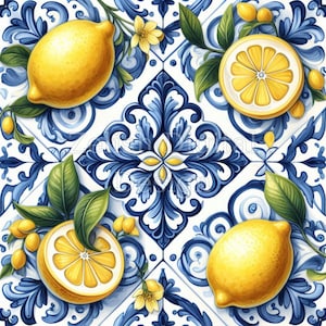 12 Lemon Tile Clipart Bundle, Mediterranean Azulejo Portuguese Blue Tiles Digital Paper, Watercolor Images, Mediterranean Tiles, Paper Craft