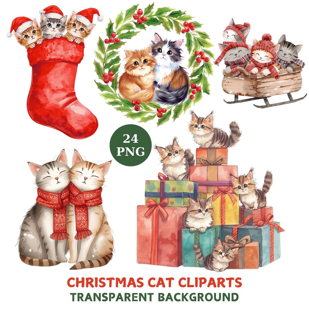 24 Watercolor Christmas Cat Clipart Bundle: Festive Kittens, Holiday ...