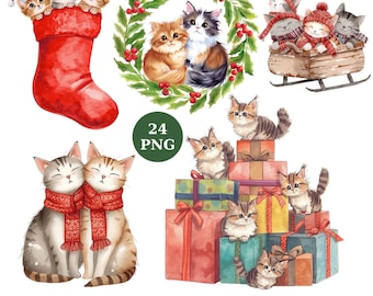 24 Watercolor Christmas Cat Clipart Bundle: Festive Kittens, Holiday Pet Designs (Digital Download)