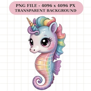 Rainbow Seahorse Unicorn Clipart, Kawaii Seahorse PNG, Pastel Unicorn Seahorse Illustration, Cute Rainbow Unicorn Clipart, Magic Unicorn