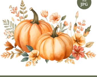 Paquete de imágenes prediseñadas de calabazas en acuarela: 12 imágenes PNG florales de otoño, descarga digital