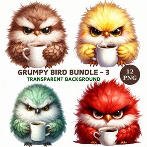Watercolor Grumpy Birds Clipart Bundle: Coffee Owls (PNG Instant Download