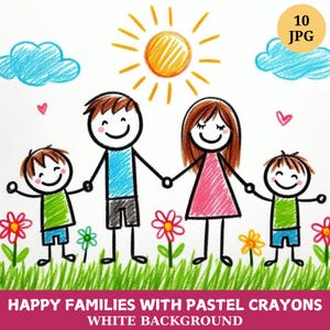 Family Stick Figure Clipart: Crayon Style Illustrations (JPG Bundle)