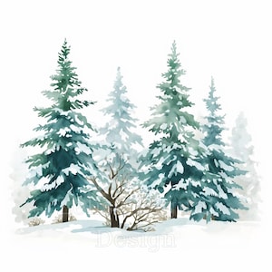 Könnte beinhalten: Aquarellmalerei einer winterlichen Waldszene. Mehrere immergrüne Bäume sind mit Schnee bedeckt, mit einer Mischung aus Grün- und Blautönen. Einige kahle Bäume befinden sich im Vordergrund, und der Boden ist schneebedeckt.