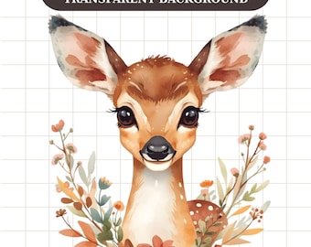 Clipart de veado floral em aquarela, arquivo PNG transparente, download digital