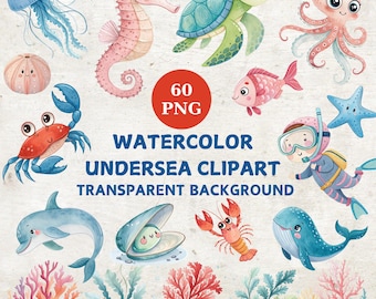 Bundle de cliparts aquarelle animaux marins : 60 graphiques PNG pour chambre d'enfant (téléchargement numérique)