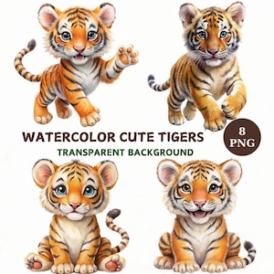 Watercolor Cute Tiger Clipart Bundle, 8 Transparent png, Printable Tiger png, Baby Tigers, Digital Download, Tiger Nursery Cliparts