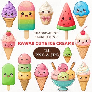 Pacchetto di clipart di gelato kawaii carino, 24 png trasparenti, gelato png, gelato jpg, tema dessert, dolci carini, download digitale