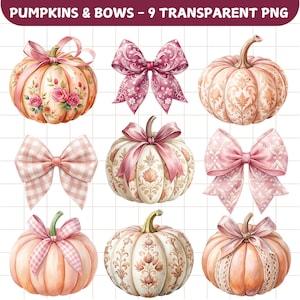 Watercolor Pink Pumpkins & Bows Clipart Bundle, 9 PNG Digital Download