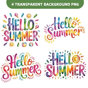 Puede incluir: Cuatro diseños coloridos de "Hello Summer" con fondos transparentes. Cada diseño presenta el texto en vibrantes tonos arcoíris, acompañado de ilustraciones temáticas de verano como conos de helado, soles y pelotas de playa. Ideal para proyectos de verano.
