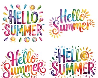 May include: Four colorful "Hello Summer" designs with transparent backgrounds. Each design features the text in vibrant rainbow hues, accompanied by summer-themed illustrations like ice cream cones, suns, and beach balls. The designs are perfect for summer-themed projects.