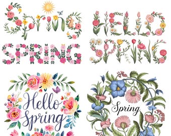 Floral Spring Clipart Bundle: Watercolor Spring Text PNG (Digital Download)