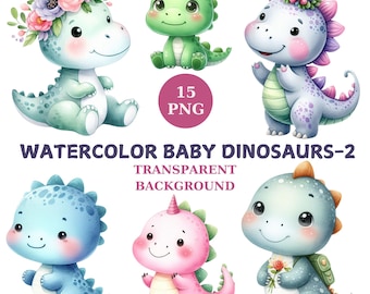 Watercolor Baby Dinosaur Clipart: 15 PNG Illustrations (Digital Download)