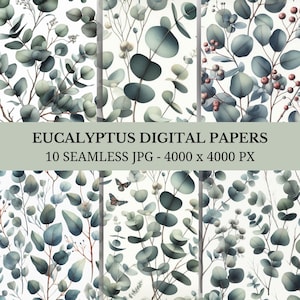 Watercolor Eucalyptus Digital Papers, 10 Seamless  JPG, Eucalyptus Sage Green, Greenery Wedding Scrapbook Paper Seamless Eucalyptus Patterns