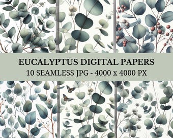 Aquarell Eukalyptus Digital Papier: 10 nahtlose Sage Grün Muster (JPG)