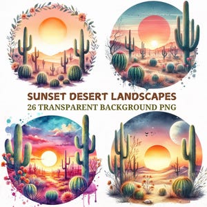 Paquete de imágenes prediseñadas de acuarela de atardecer en el desierto: paisaje bohemio de cactus, 26 imágenes PNG