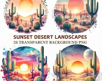 Watercolor Desert Sunset Clipart Bundle: Boho Cactus Landscape, 26 PNG
