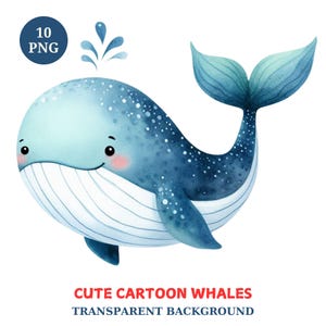 Paquete de imágenes prediseñadas de ballenas de dibujos animados, linda ilustración de ballena imprimible, imágenes prediseñadas de ballena de acuarela, 10 PNG transparentes, descarga digital de animales del océano