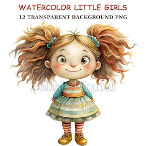 Curly Hair Girl Clipart: Watercolor Whimsical Illustrations (Digital Download)