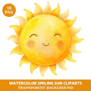 Smiling Sun Clipart Bundle, Watercolor Happy Sun Images, 10 Transparent png, Hand Painted Style Digital Sun Illustrations Summer Sun Clipart