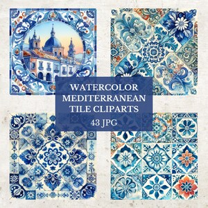 Watercolor Mediterranean Tile Cliparts: JPG Blue & White Digital Paper (Digital Download)